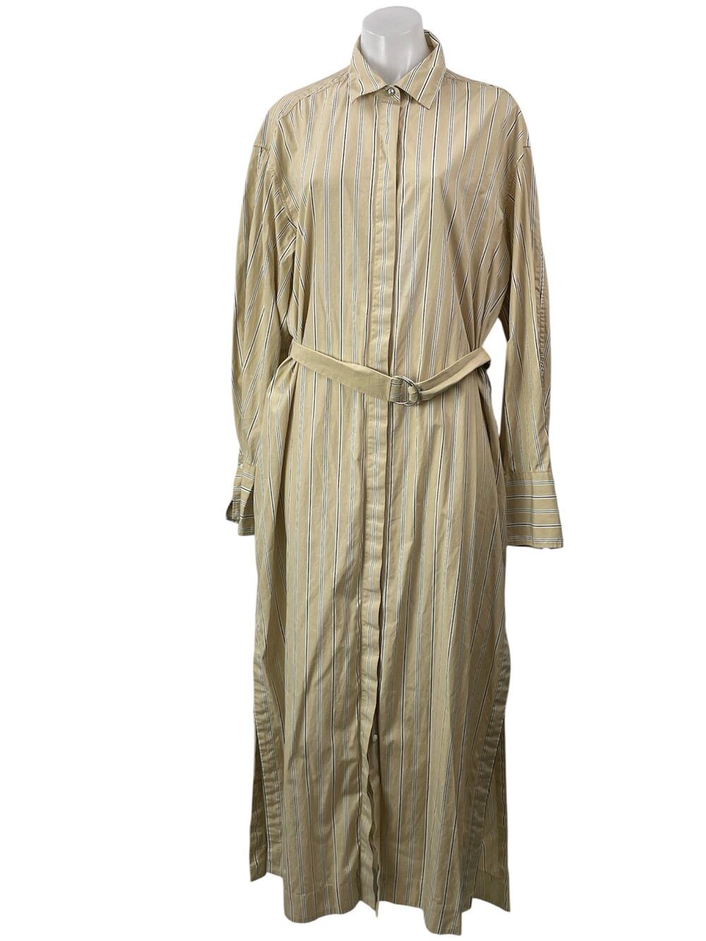 Rag & Bone Beige Striped Long Sleeve Belted Button Down Slit Maxi Dress Size L